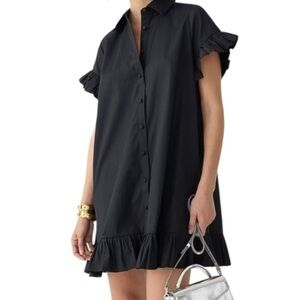 J CREW Amelia Ruffle-hem Black Cotton Shirtdress Size Small